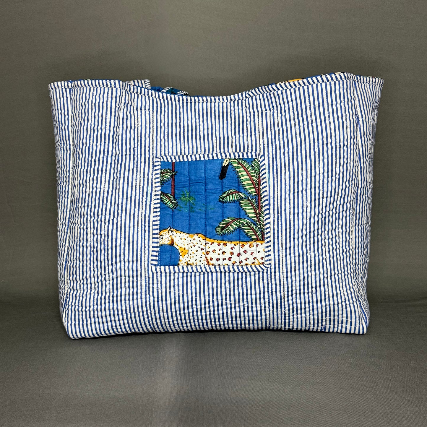 Neon Vibrant Blue Flora & Fauna Inspired Quilted Reversible Tote Bag