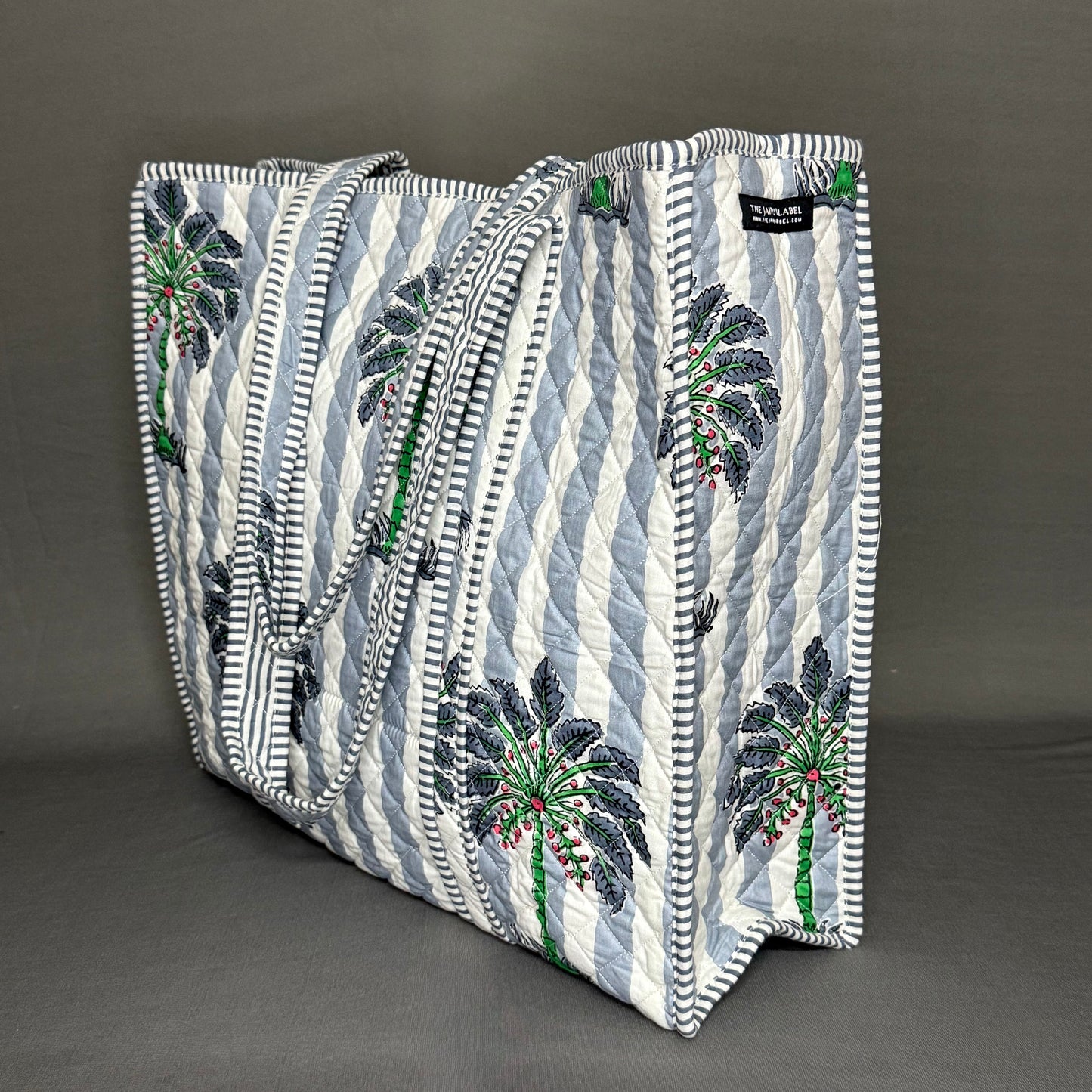 Reversible Grey & White Palm Tree Tote Bag – Middle East-Inspired Handcrafted Cotton Bag