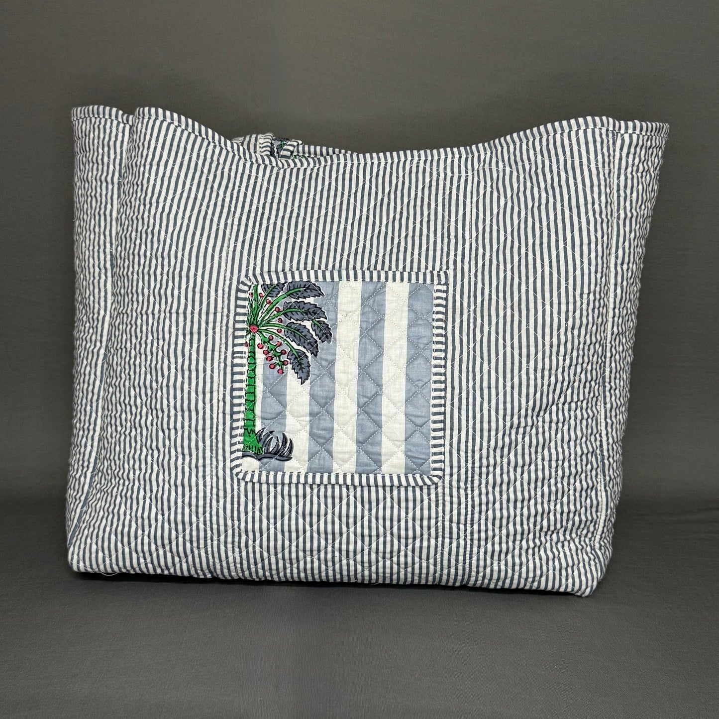 Reversible Grey & White Palm Tree Tote Bag – Middle East-Inspired Handcrafted Cotton Bag