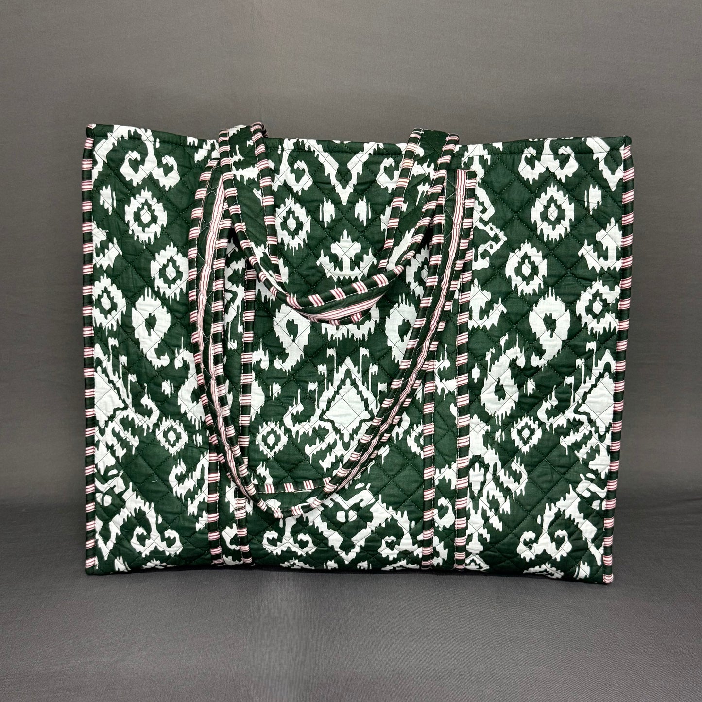 Dark Green Ikkat Print Reversible Cotton Hand Block Print Tote Bag