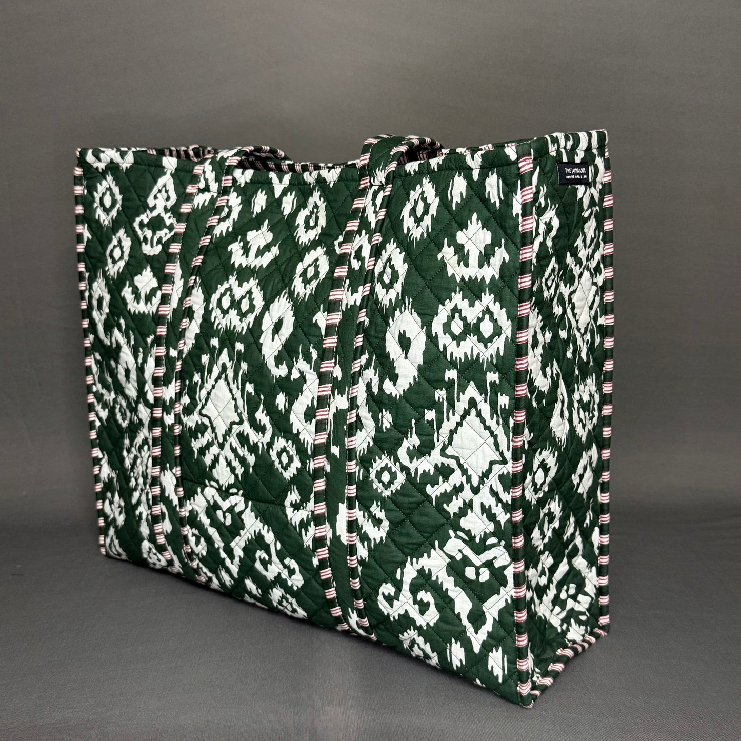 Dark Green Ikkat Print Reversible Cotton Hand Block Print Tote Bag