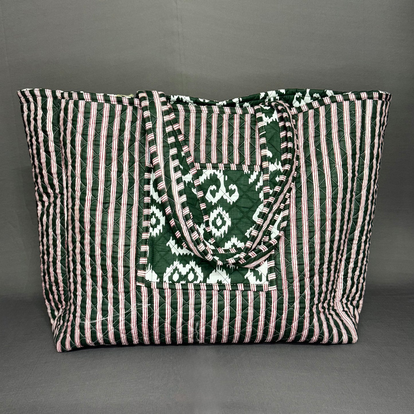 Reversible Green Quilted Ikkat Print Spacious light weight Cotton Tote Bag