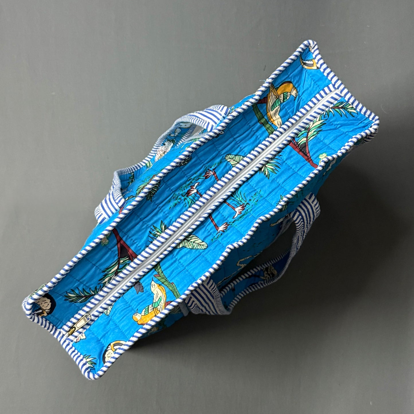 Blue Color Jungle print cotton quilted Zipper Tote Bag