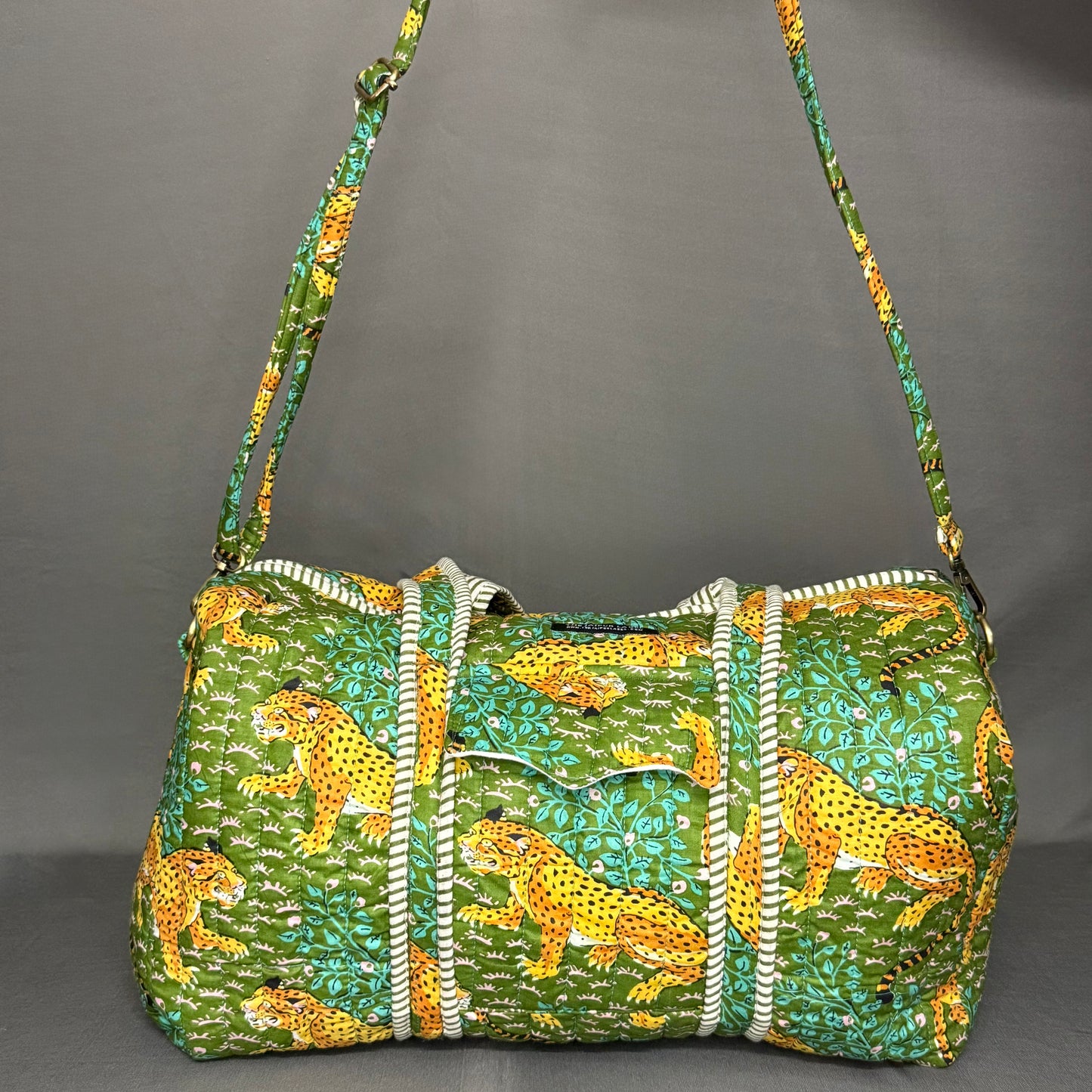 Hand Block Printed Jungle Duffle Bag – Green Cheetah Print Cotton Travel Bag