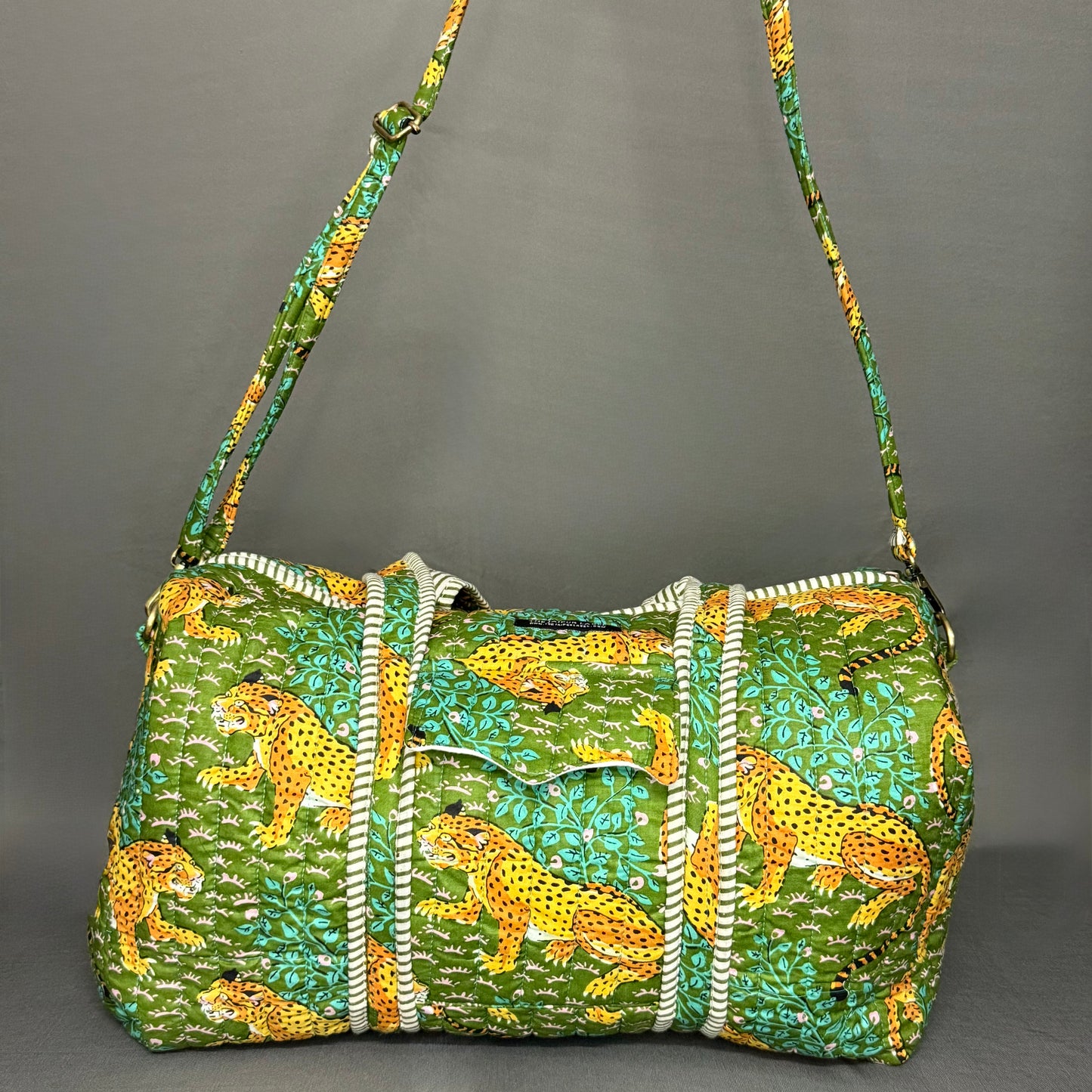 Hand Block Printed Jungle Duffle Bag – Green Cheetah Print Cotton Travel Bag