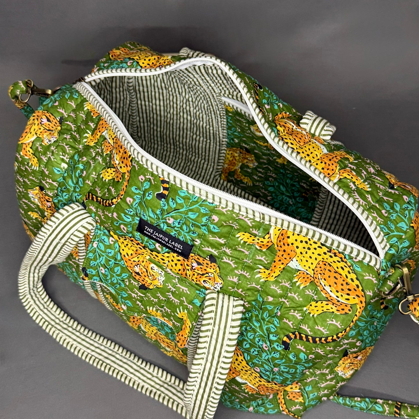 Hand Block Printed Jungle Duffle Bag – Green Cheetah Print Cotton Travel Bag