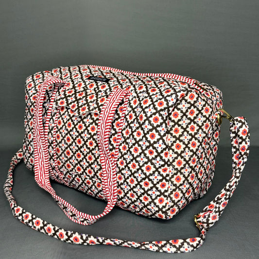 Black & Red White Floral Print Designer Pure Cotton Duffle bag