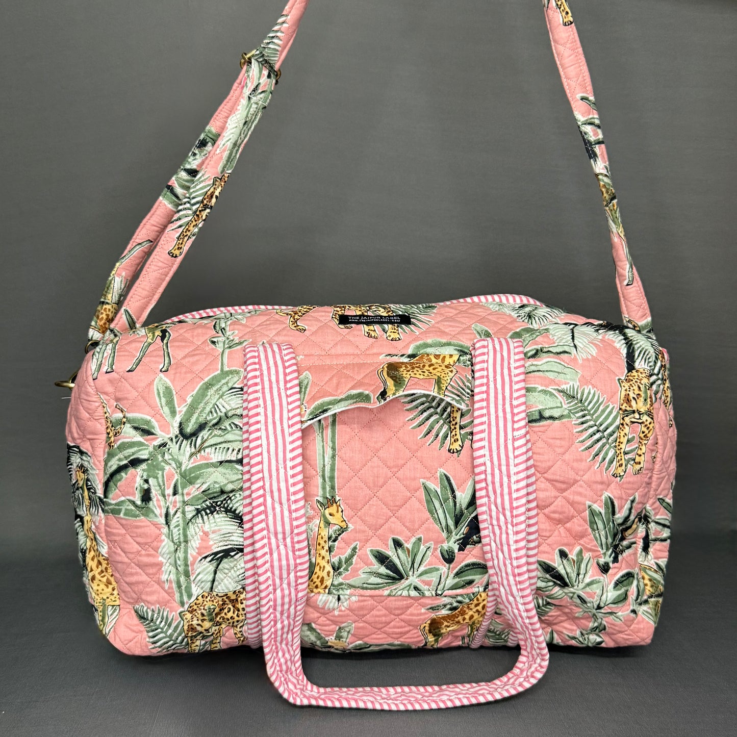Hand Block Printed Jungle Duffle Bag – Green & Pink jungle Theme