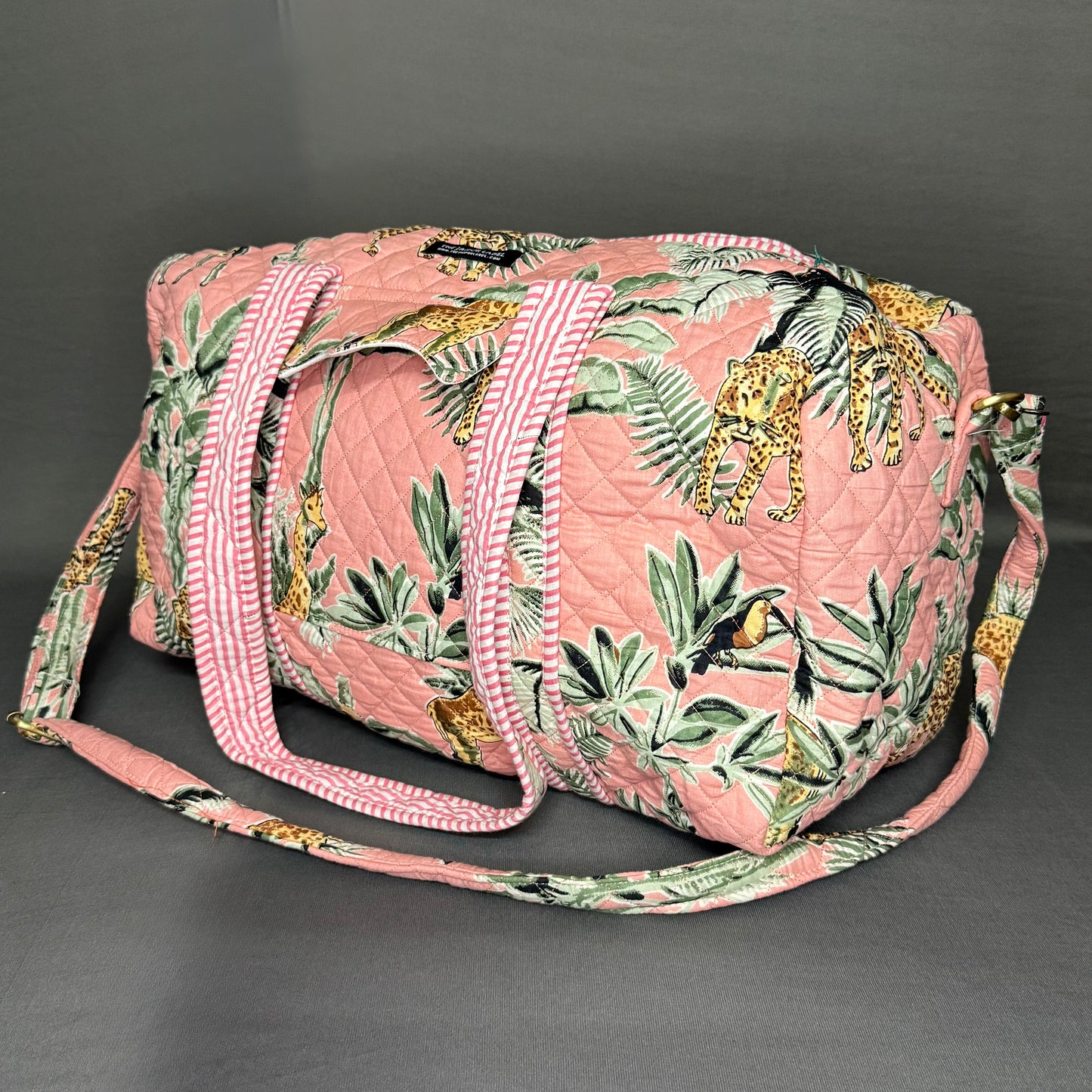 Hand Block Printed Jungle Duffle Bag – Green & Pink jungle Theme
