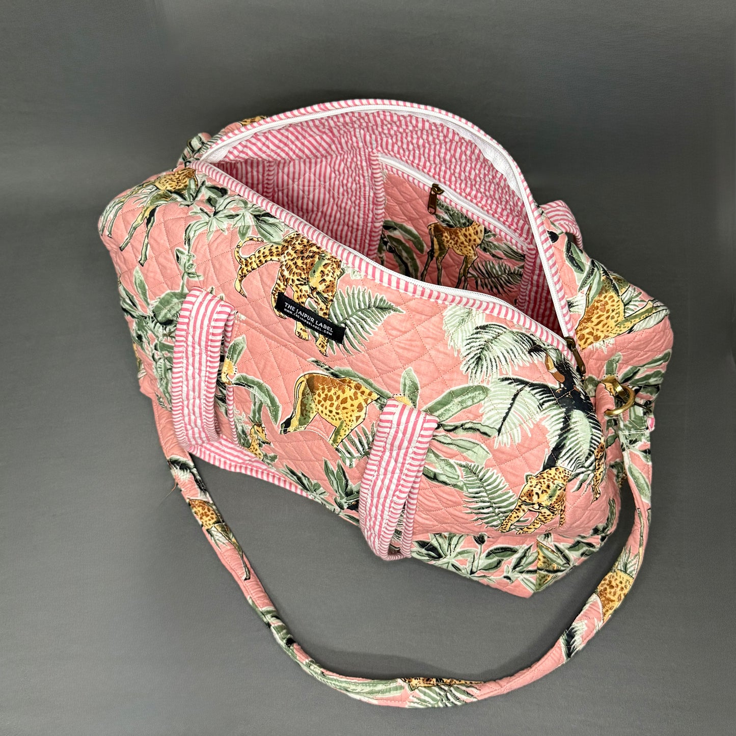 Hand Block Printed Jungle Duffle Bag – Green & Pink jungle Theme