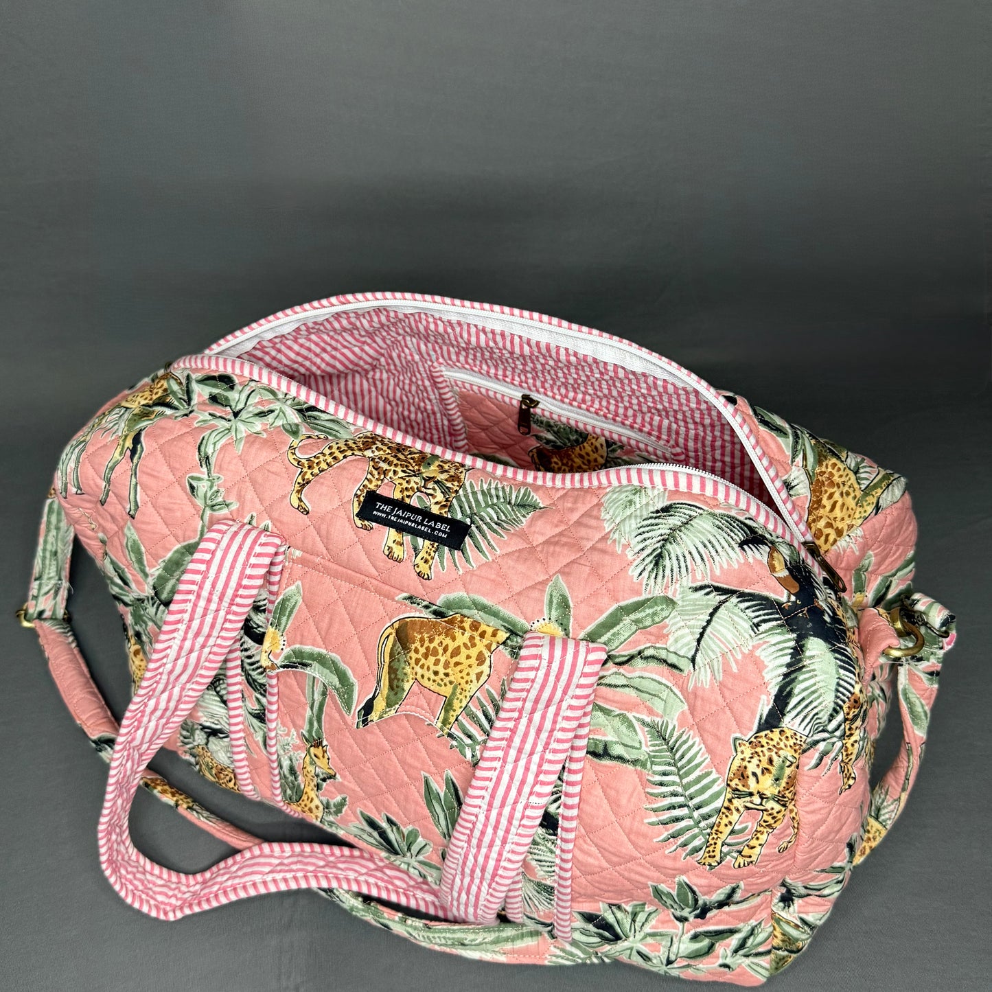 Hand Block Printed Jungle Duffle Bag – Green & Pink jungle Theme