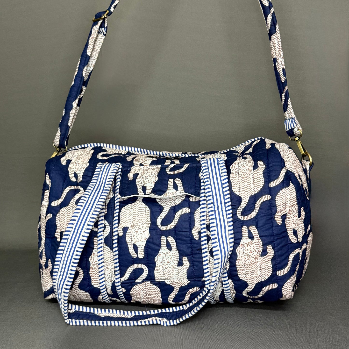 Designer Hand Block Printed Blue Duffle Bag with Tiger Print