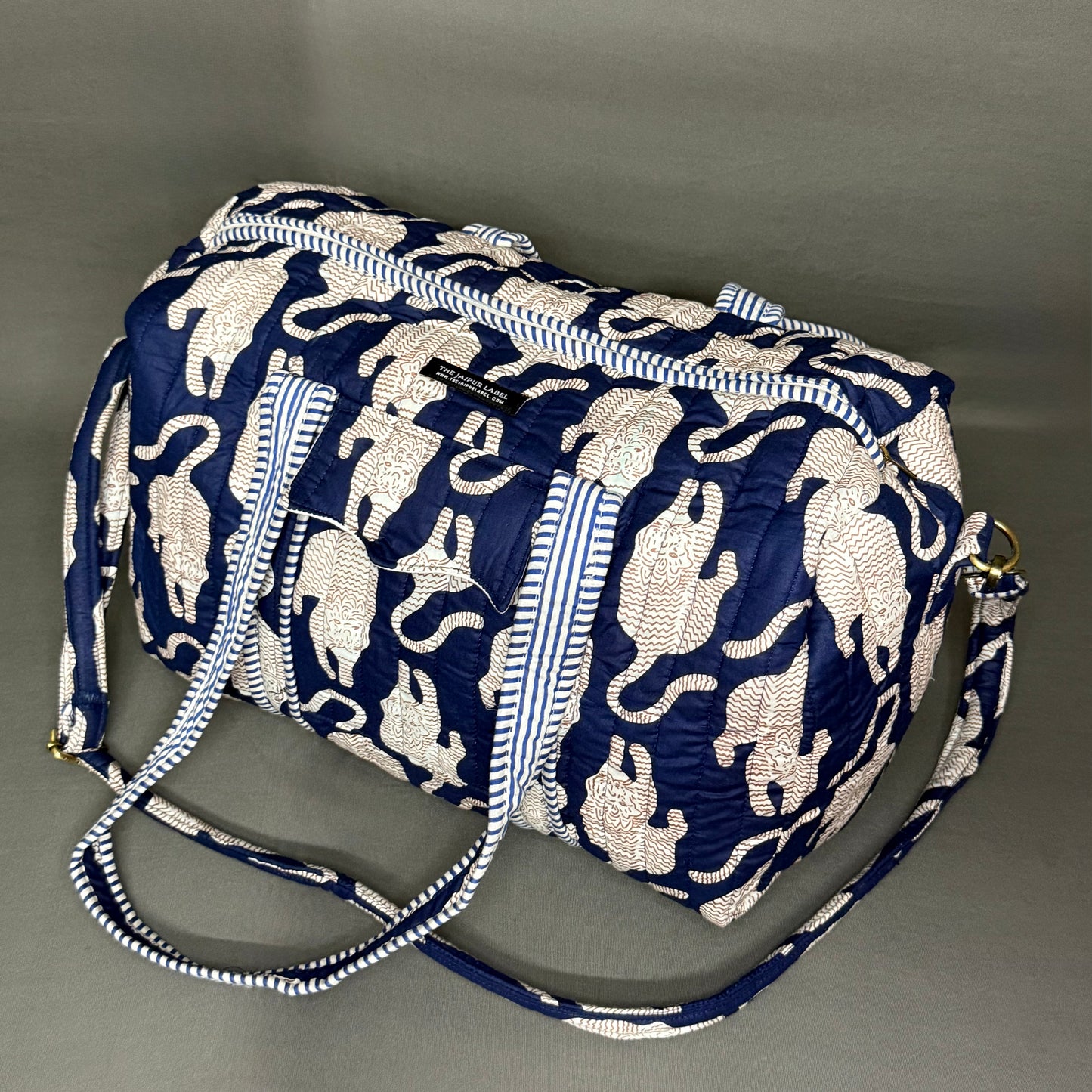 Designer Hand Block Printed Blue Duffle Bag with Tiger Print