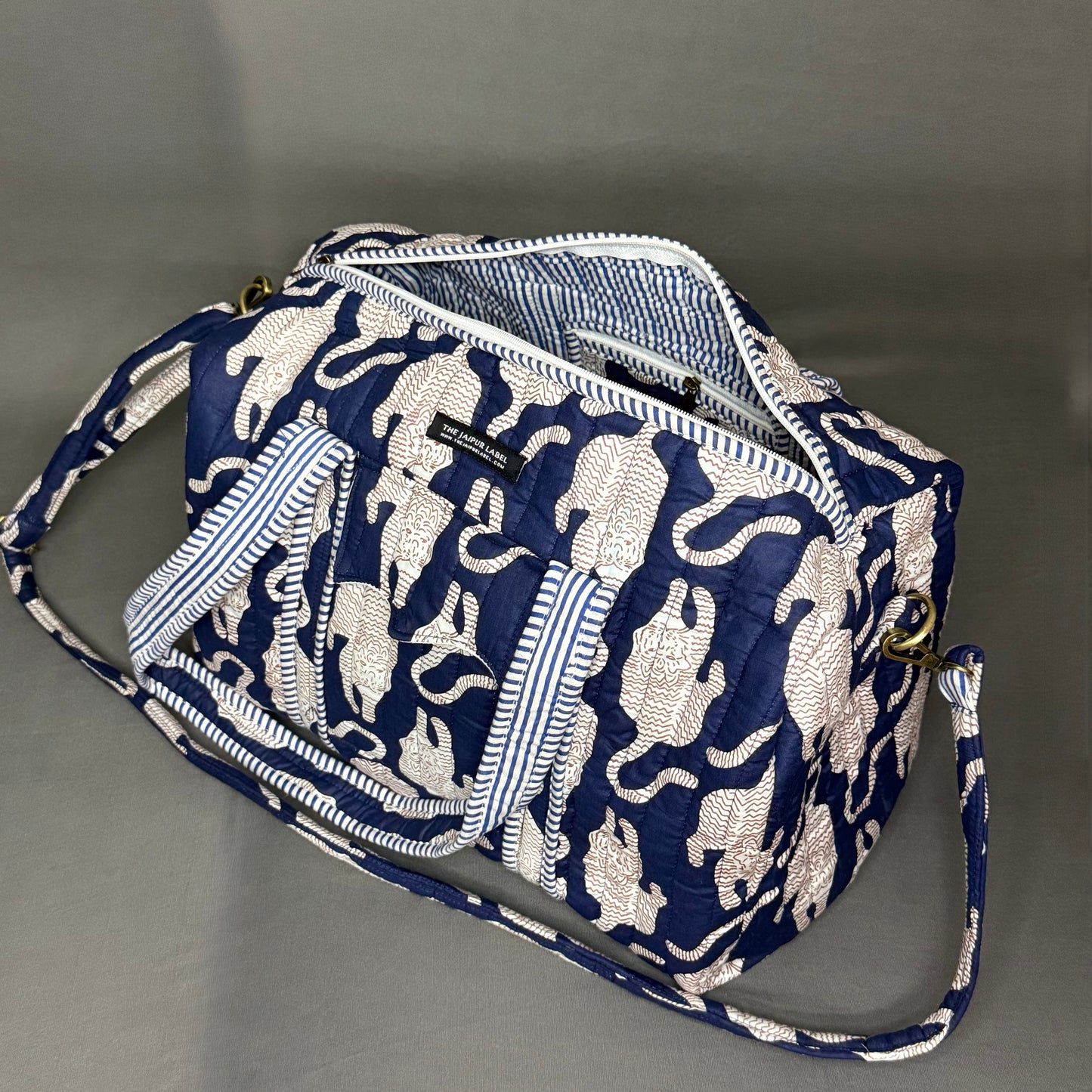 Designer Hand Block Printed Blue Duffle Bag with Tiger Print