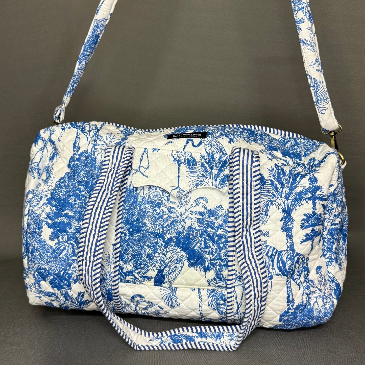 Blue & White Jungle Print Designer Block Print Cotton Duffle Bag