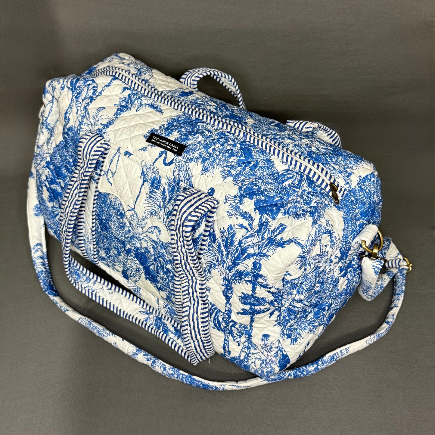 Blue & White Jungle Print Designer Block Print Cotton Duffle Bag