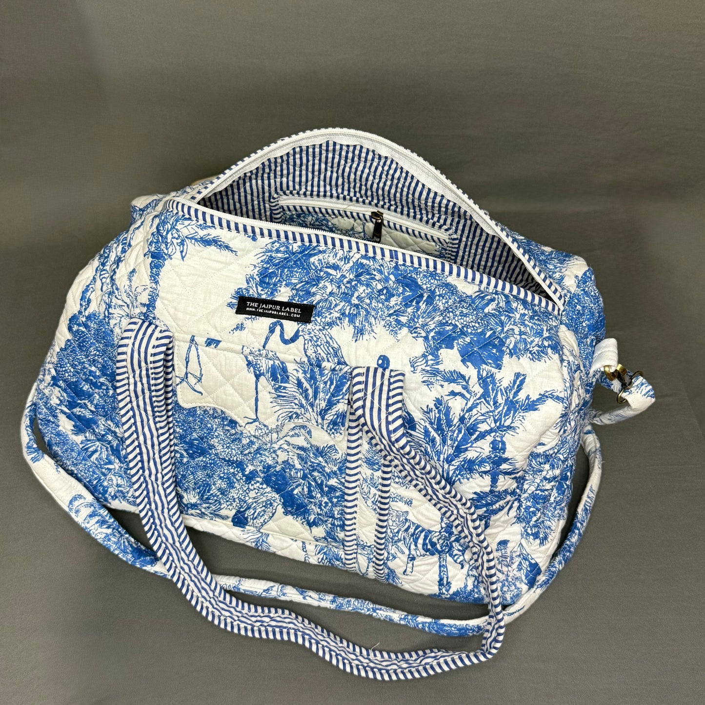Blue & White Jungle Print Designer Block Print Cotton Duffle Bag