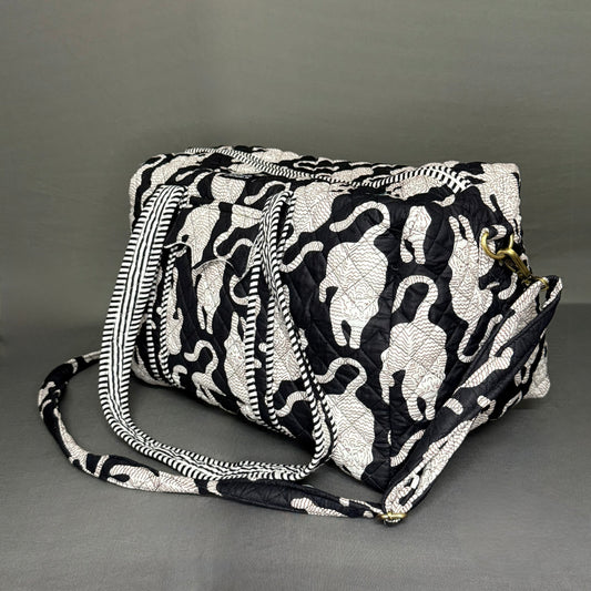 Black Chinese Tiger Block Print Hand Made Duffle Bag Ideal for Short Travel