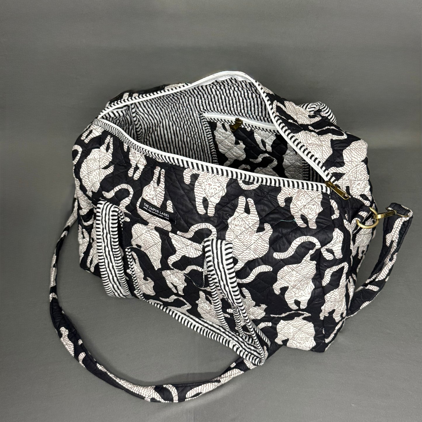 Black Chinese Tiger Block Print Hand Made Duffle Bag Ideal for Short Travel