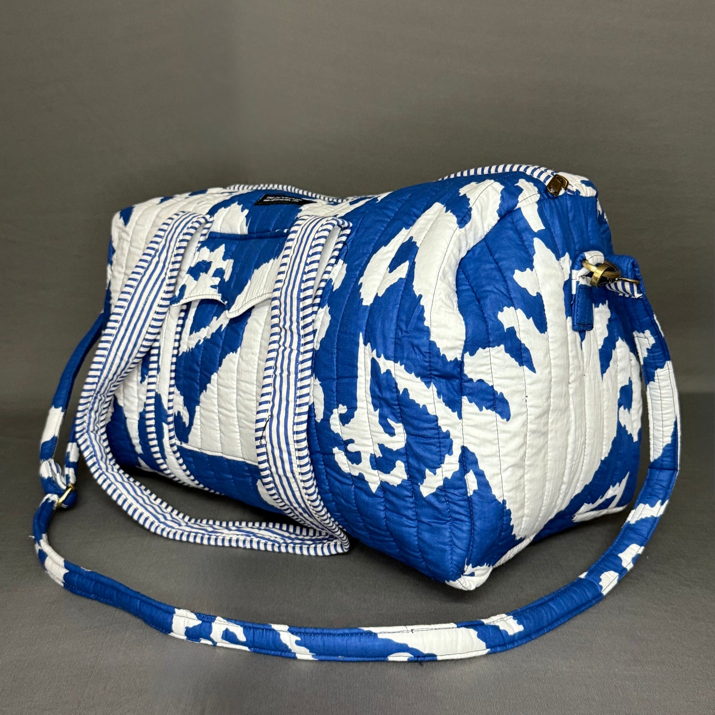 Blue White Ikkat Print Cotton Block Print Duffle Bag