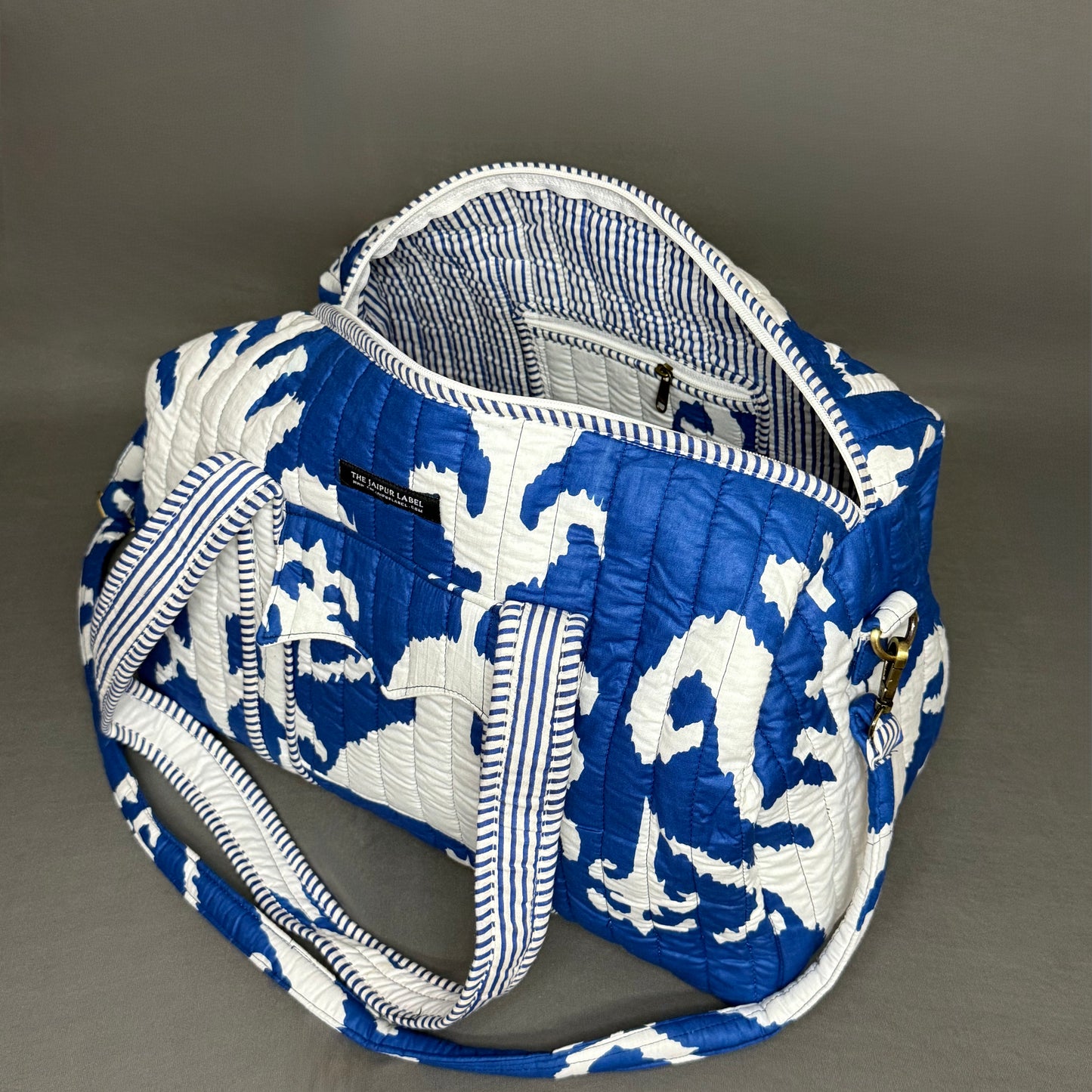 Blue White Ikkat Print Cotton Block Print Duffle Bag