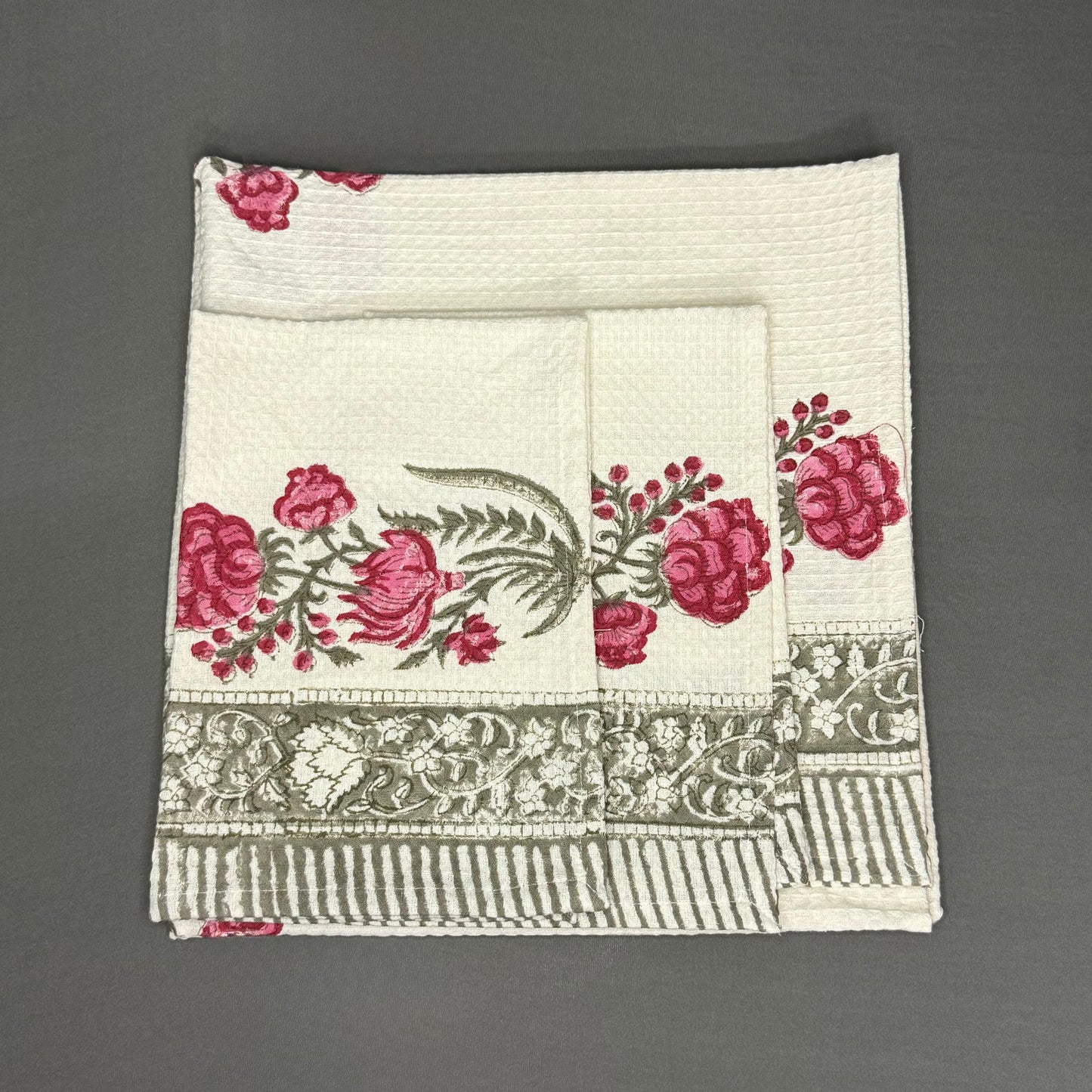 Jaipur Handcrafted Cotton Block Print Towel Set – 1 Bath + 2 Hand Towels | Floral Waffle Weave | Soft & Absorbent