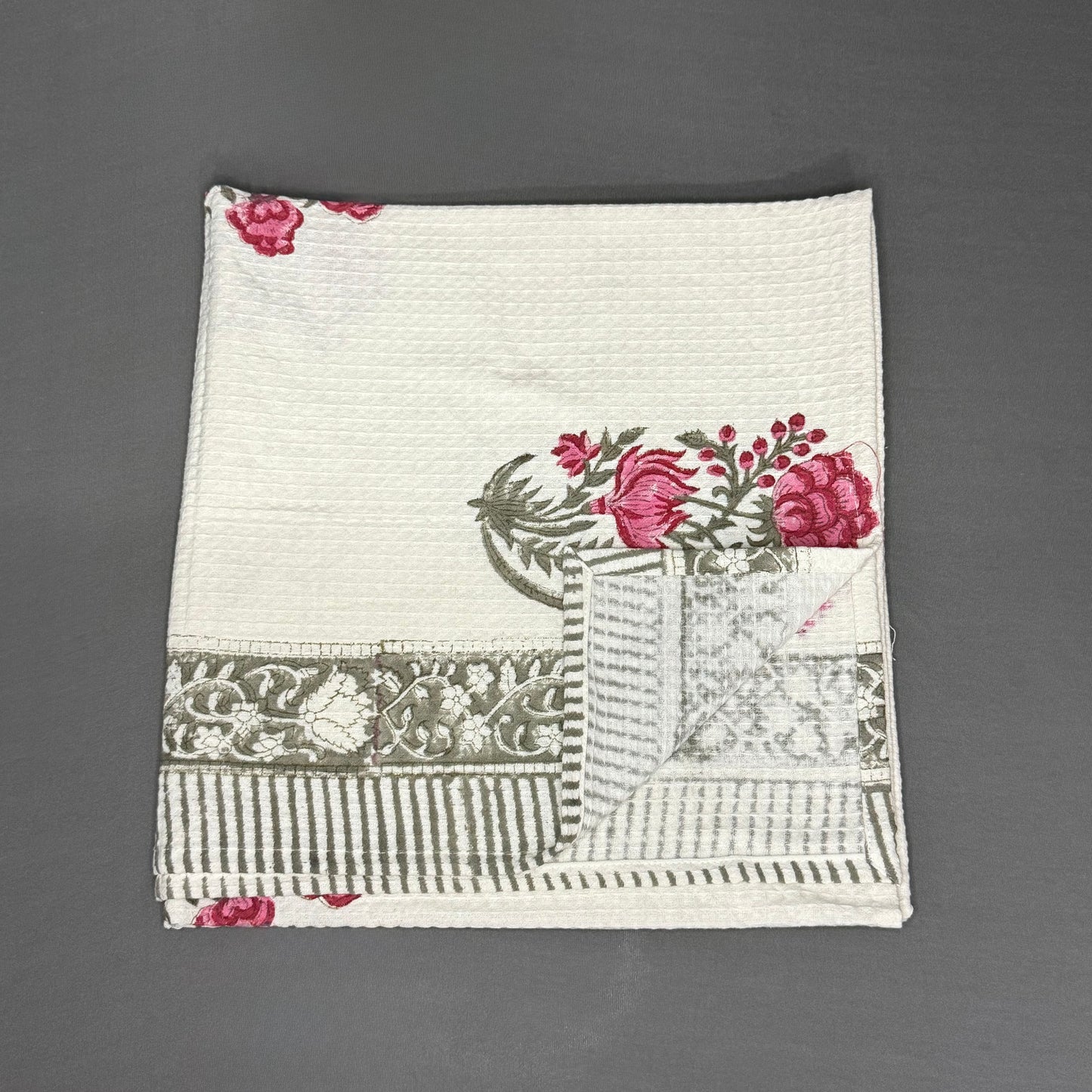 Jaipur Handcrafted Cotton Block Print Towel Set – 1 Bath + 2 Hand Towels | Floral Waffle Weave | Soft & Absorbent