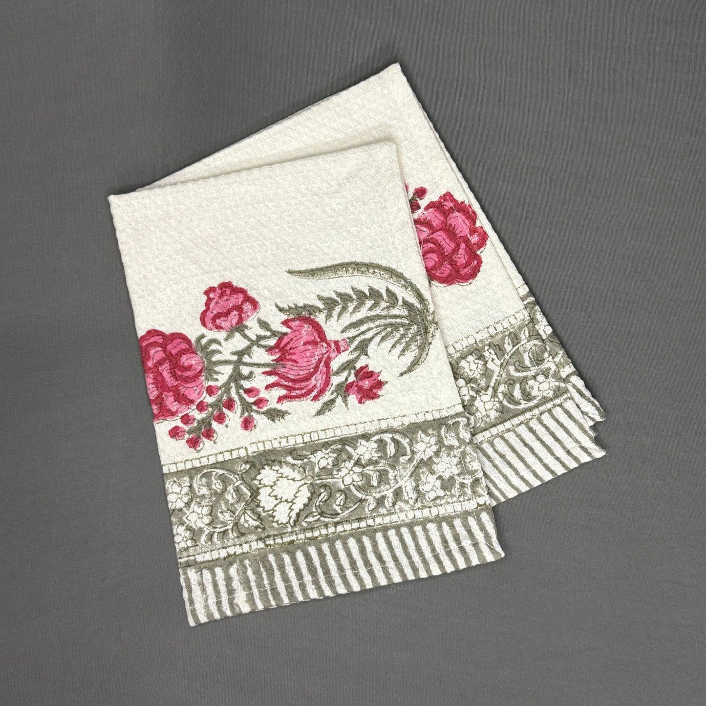 Jaipur Handcrafted Cotton Block Print Towel Set – 1 Bath + 2 Hand Towels | Floral Waffle Weave | Soft & Absorbent