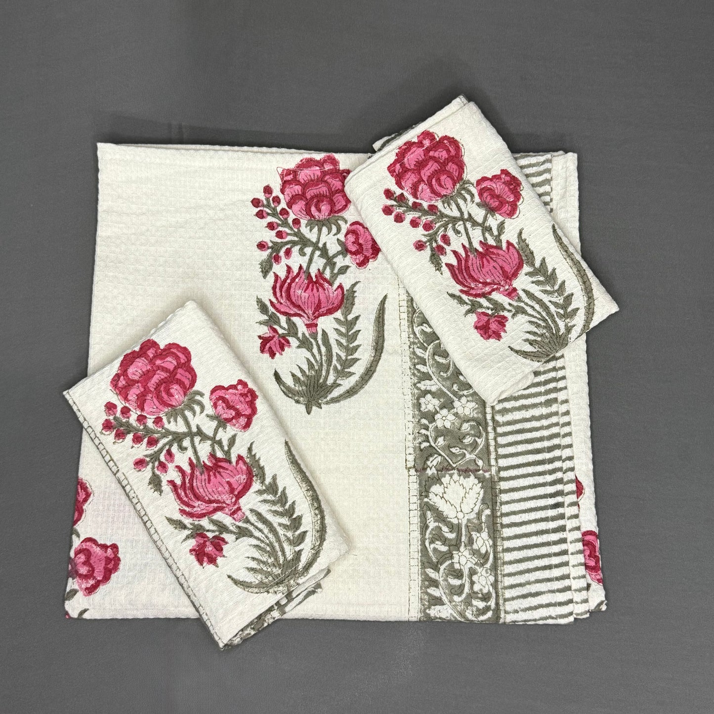 Jaipur Handcrafted Cotton Block Print Towel Set – 1 Bath + 2 Hand Towels | Floral Waffle Weave | Soft & Absorbent