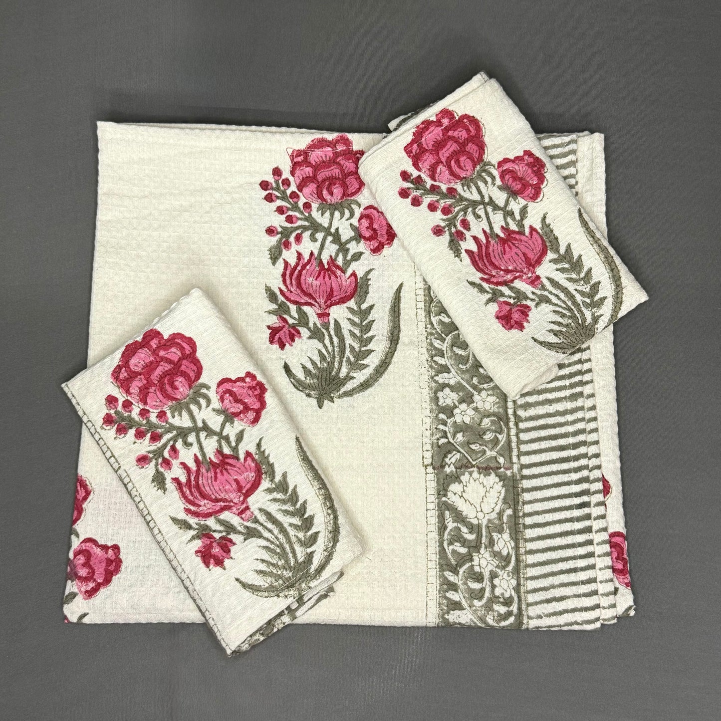 Jaipur Handcrafted Cotton Block Print Towel Set – 1 Bath + 2 Hand Towels | Floral Waffle Weave | Soft & Absorbent