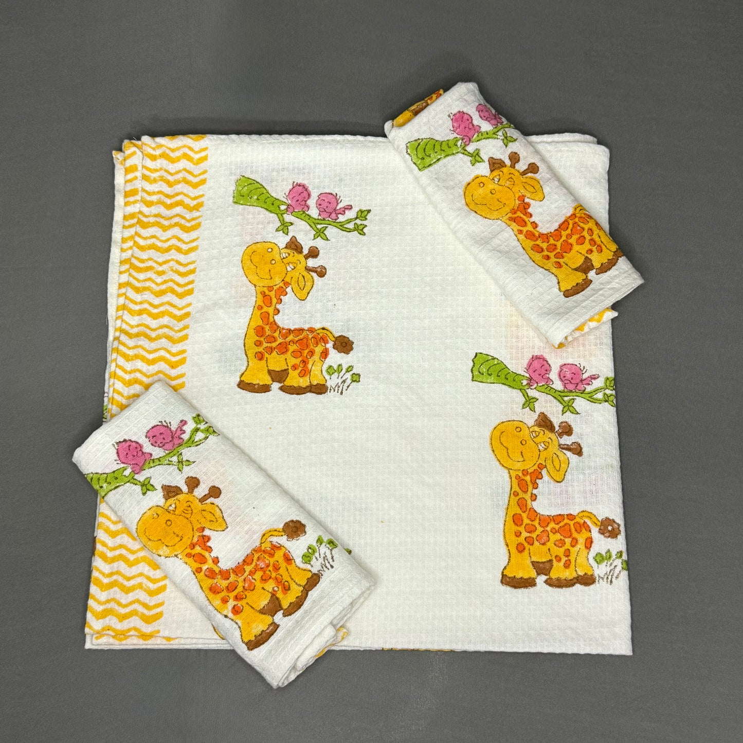 Giraffe & Chirpy Birds Kids Towel Set – Waffle Cotton | Handcrafted in Jaipur