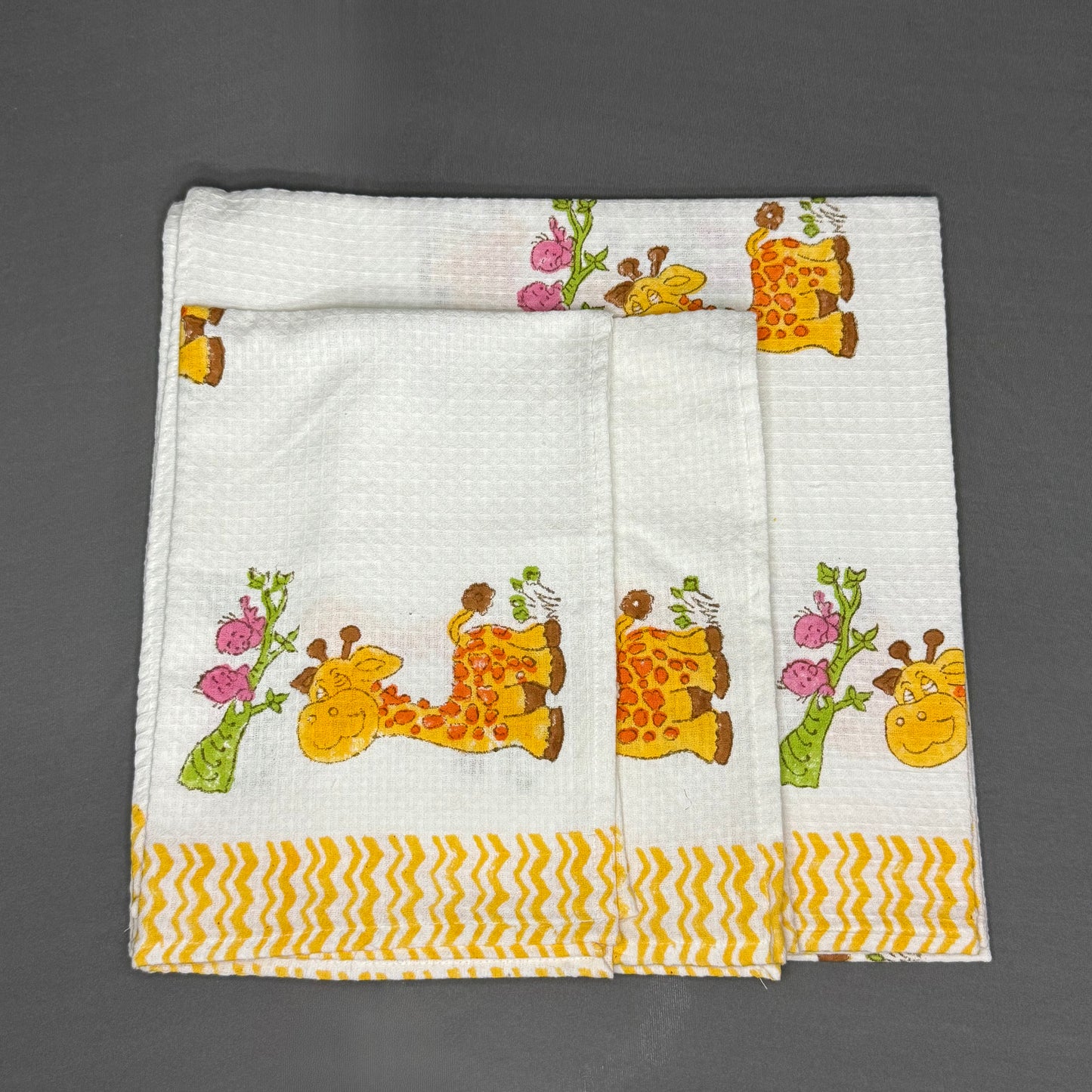 Giraffe & Chirpy Birds Kids Towel Set – Waffle Cotton | Handcrafted in Jaipur