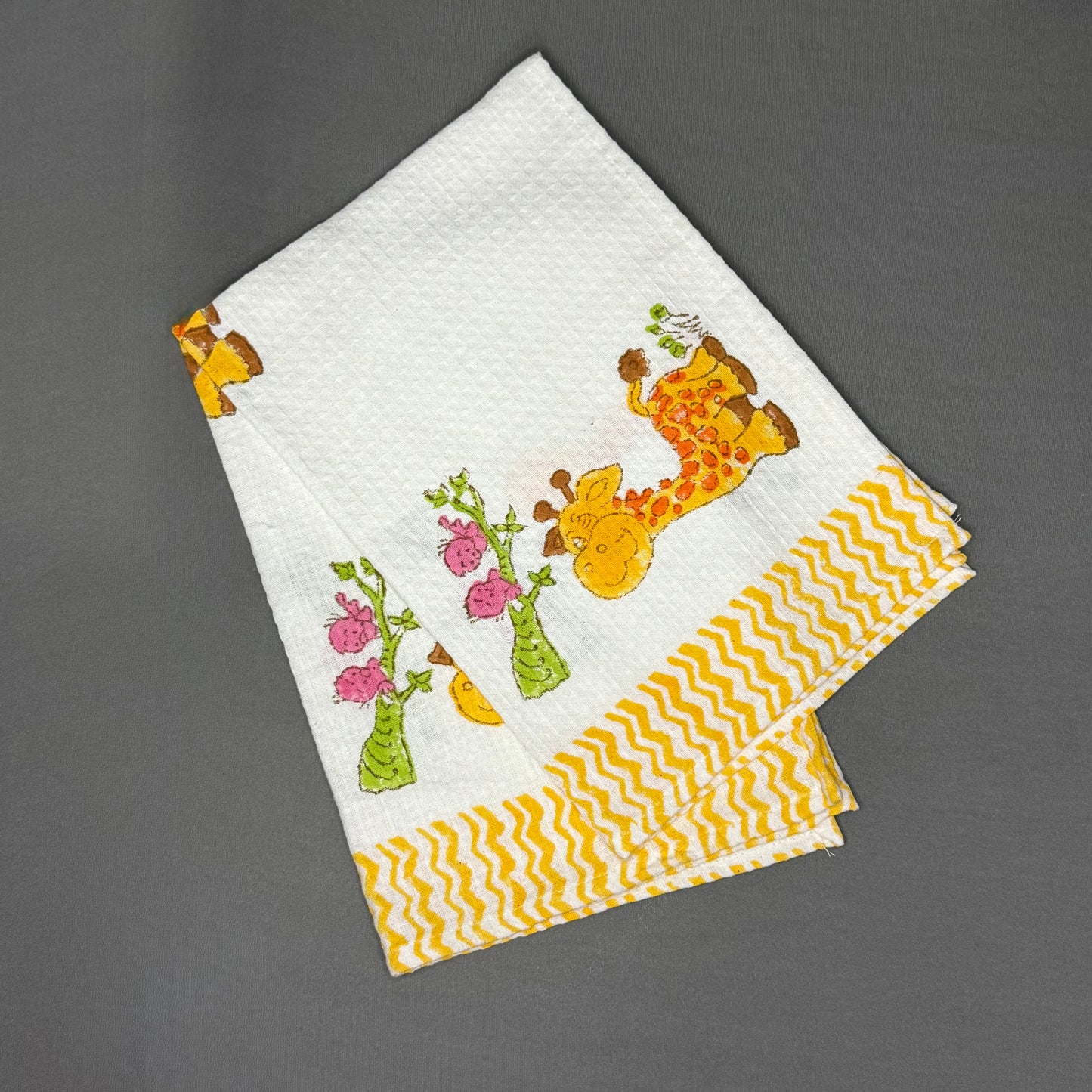 Giraffe & Chirpy Birds Kids Towel Set – Waffle Cotton | Handcrafted in Jaipur