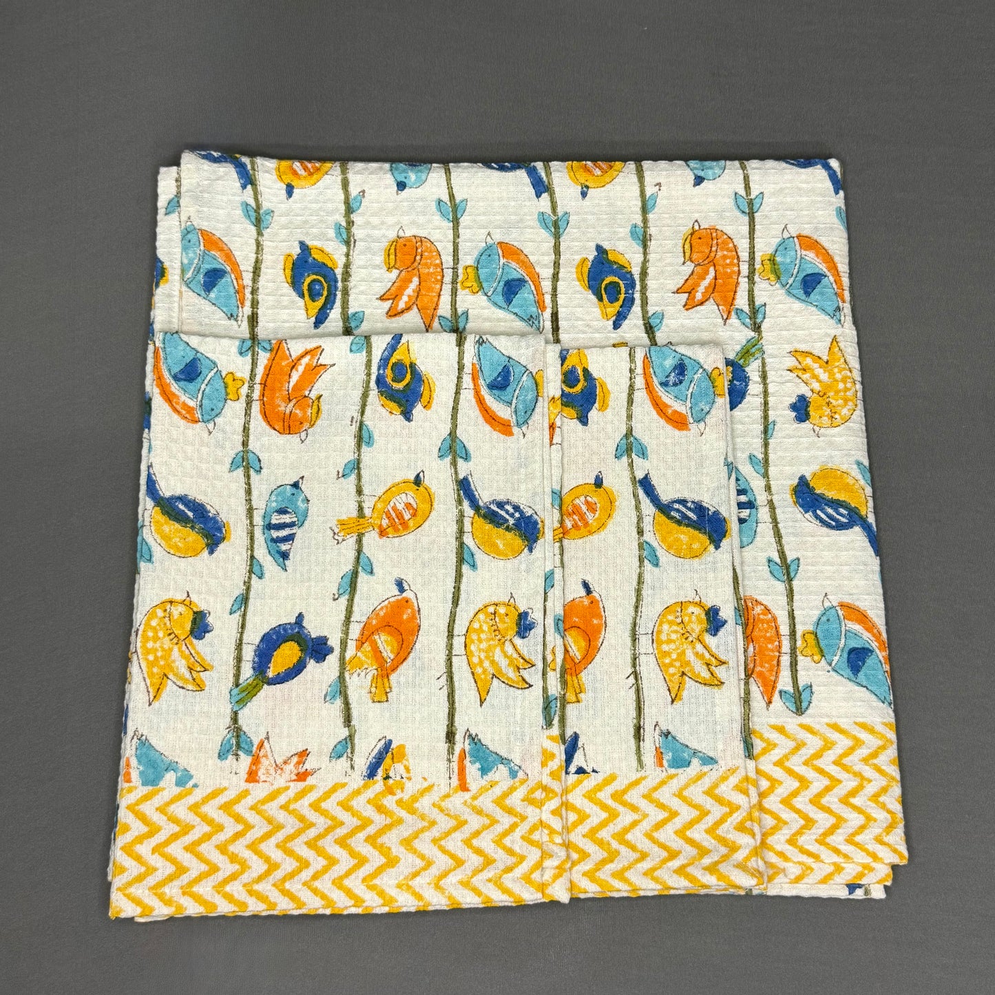 Colorful Birds Hand Block Printed Towel Set – Cotton | Waffle Weave | Jaipur VanPhool Collection