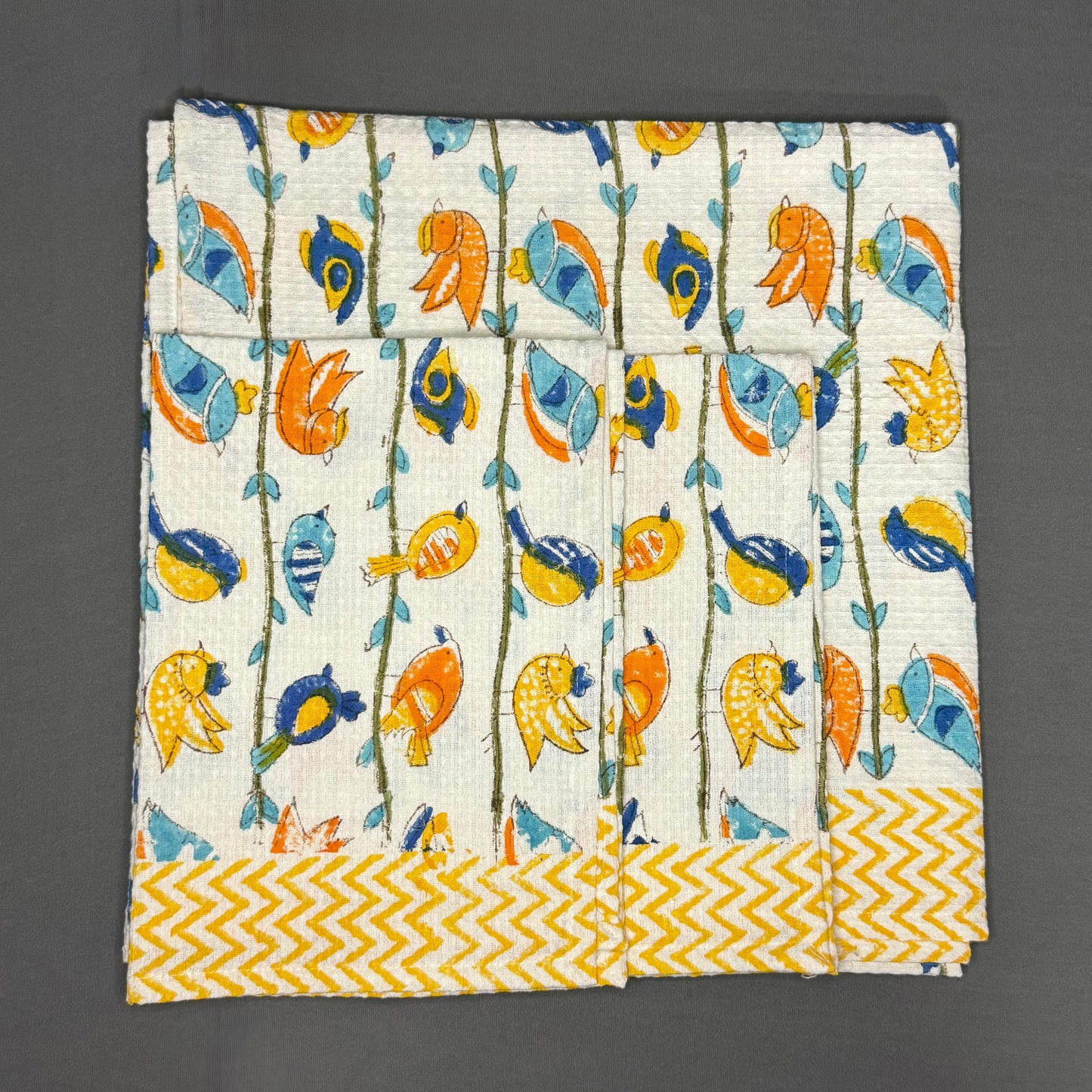 Colorful Birds Hand Block Printed Towel Set – Cotton | Waffle Weave | Jaipur VanPhool Collection