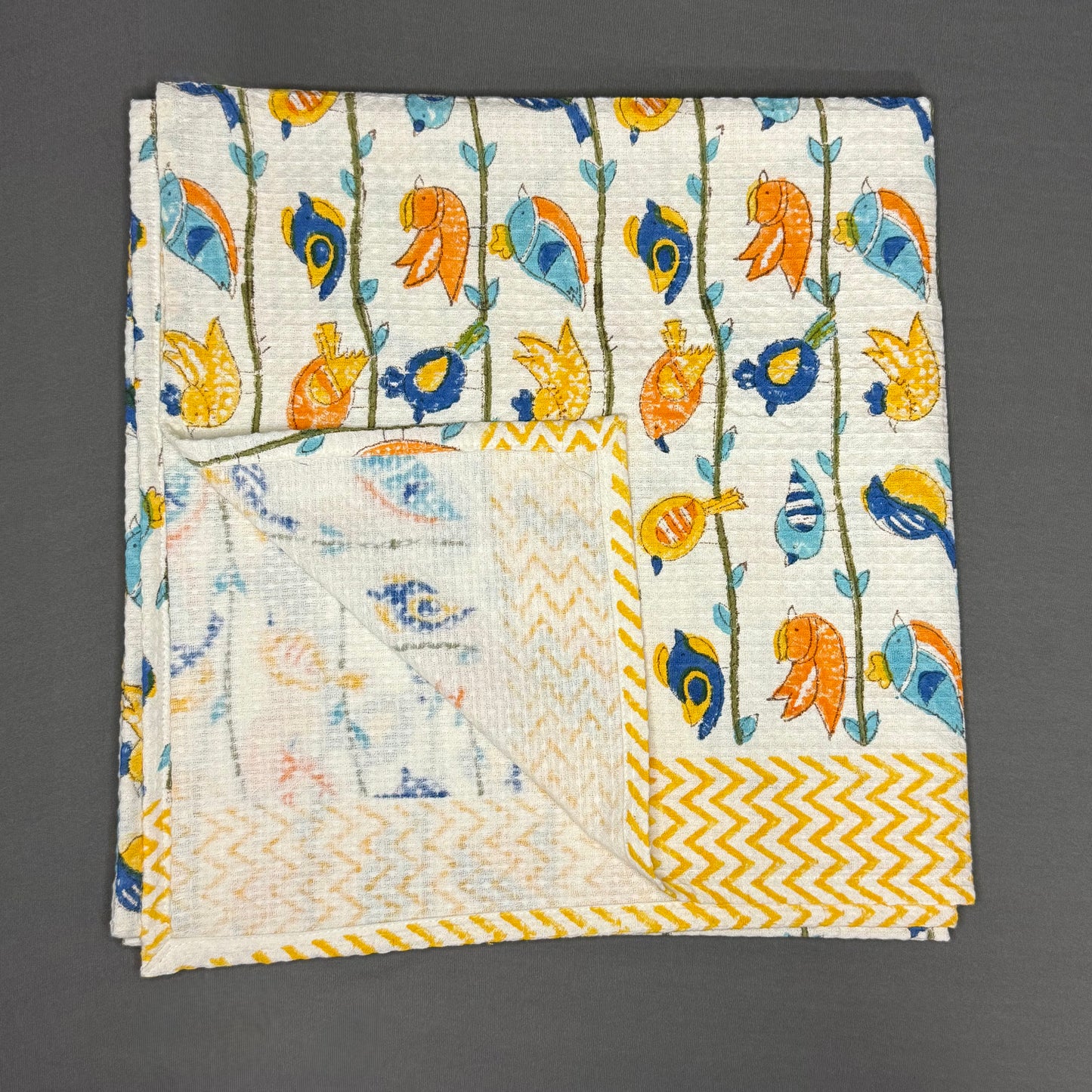 Colorful Birds Hand Block Printed Towel Set – Cotton | Waffle Weave | Jaipur VanPhool Collection
