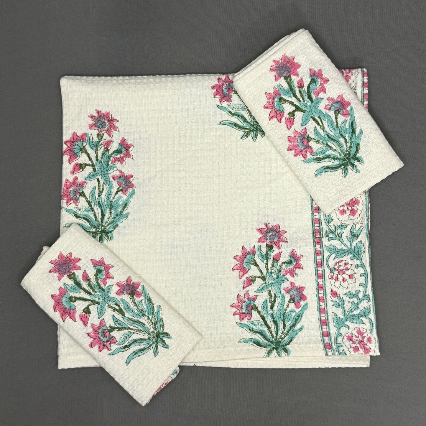 Lotus Garden Hand Block Towel Set – Pink & Teal Floral | Soft Cotton | Jaipur Van Phool Collection