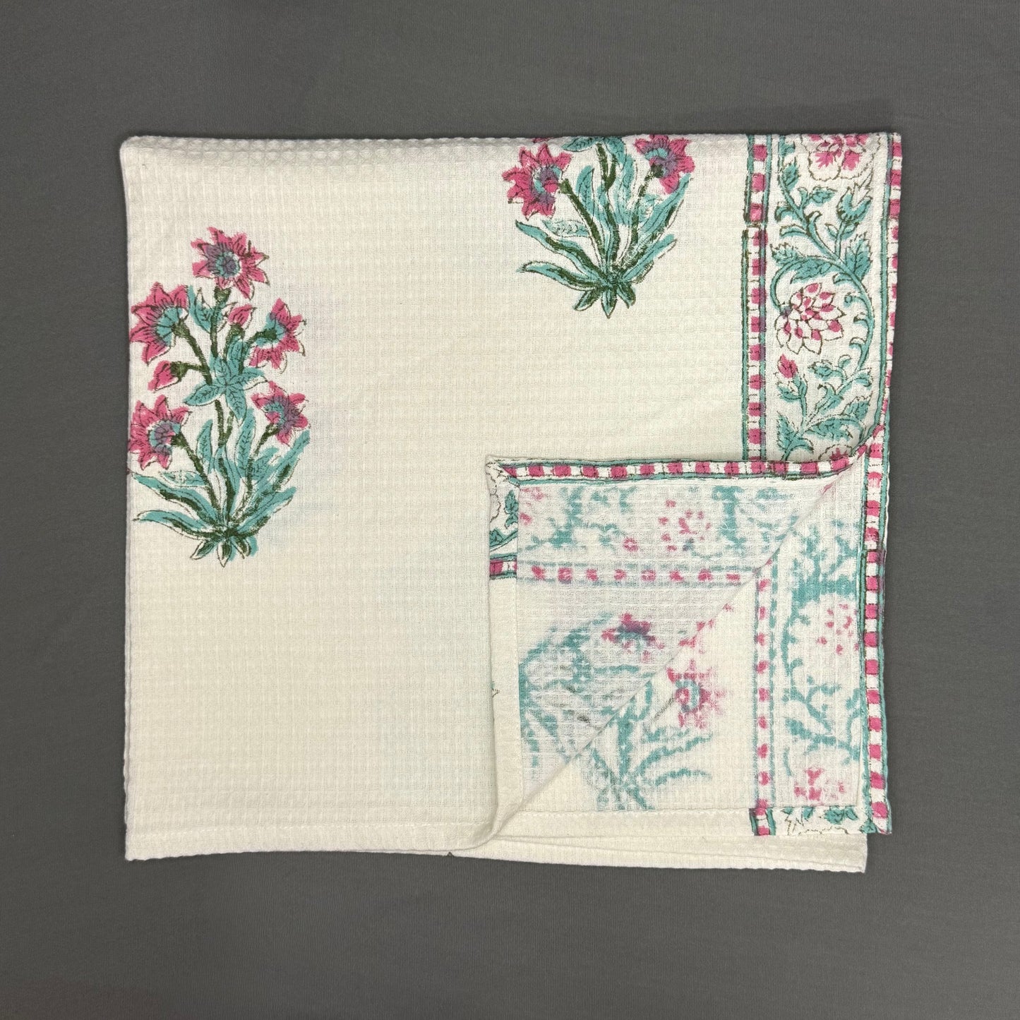 Lotus Garden Hand Block Towel Set – Pink & Teal Floral | Soft Cotton | Jaipur Van Phool Collection