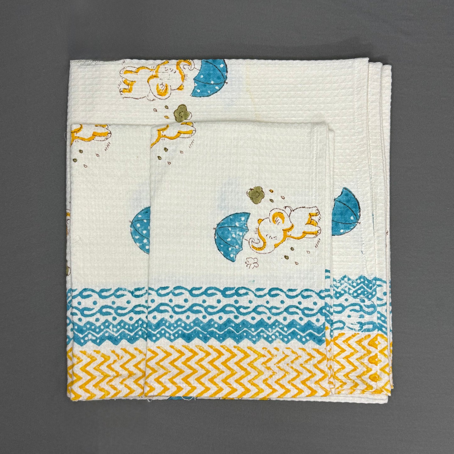 Rainy Day Elephant Block Print Towel Set – Playful Cotton | Jaipur Van Phool Collection 2025
