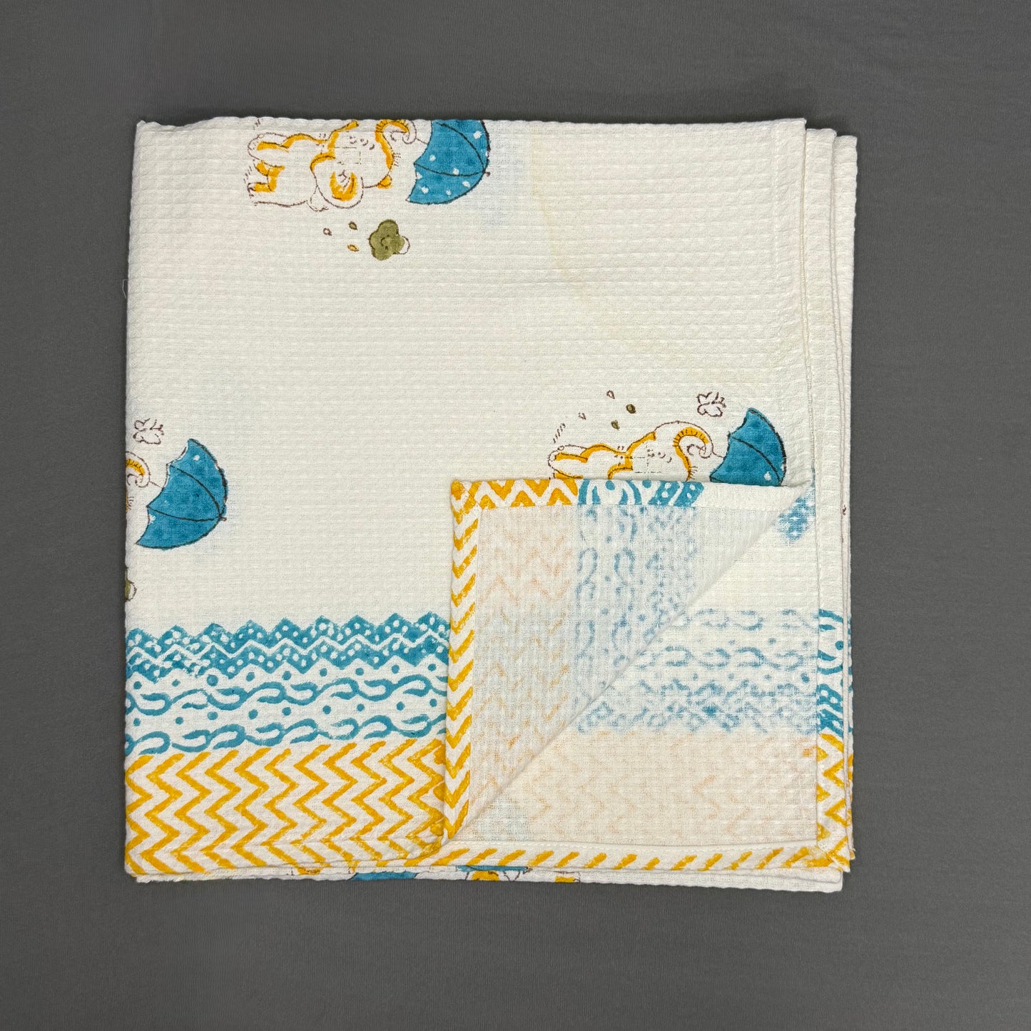 Rainy Day Elephant Block Print Towel Set – Playful Cotton | Jaipur Van Phool Collection 2025