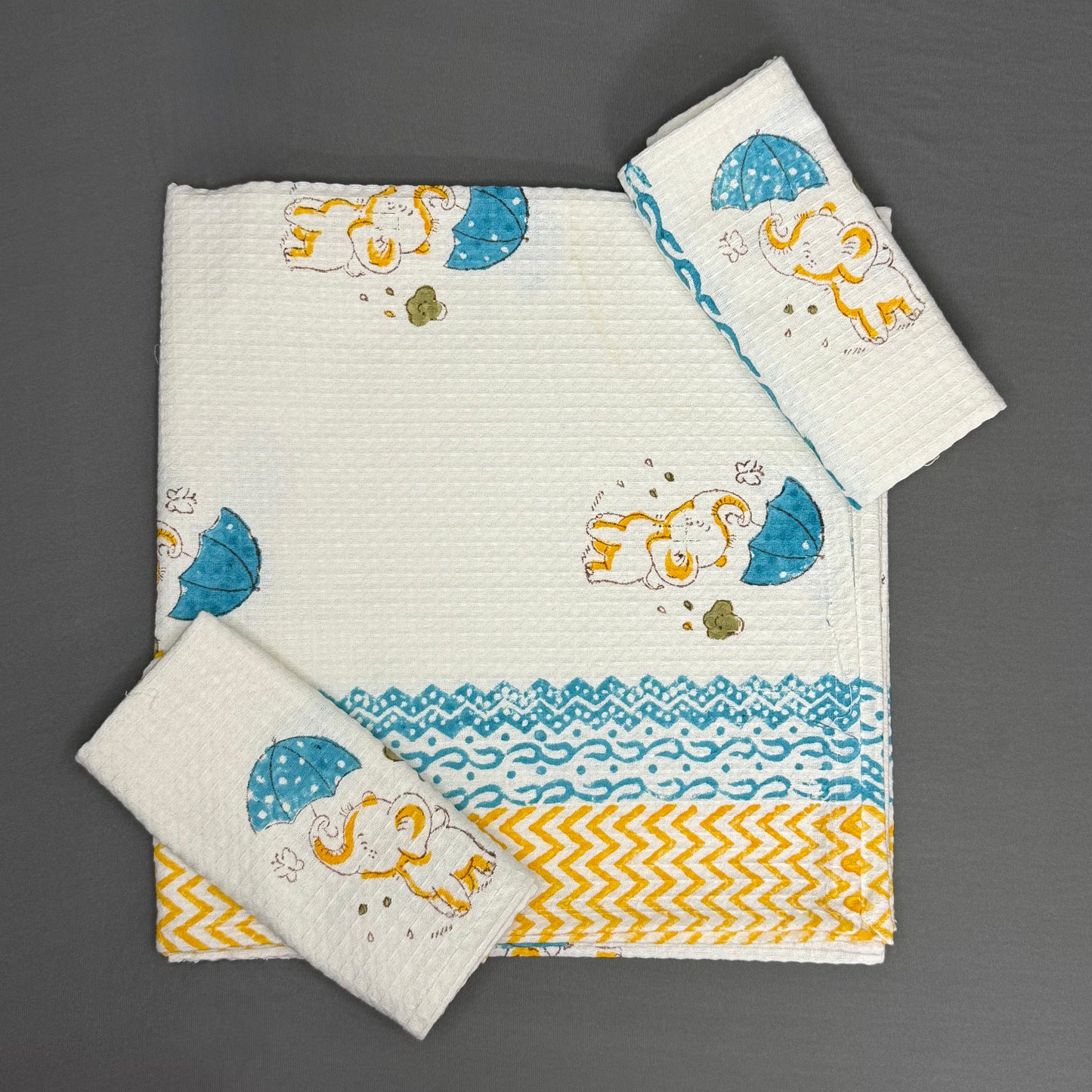 Rainy Day Elephant Block Print Towel Set – Playful Cotton | Jaipur Van Phool Collection 2025