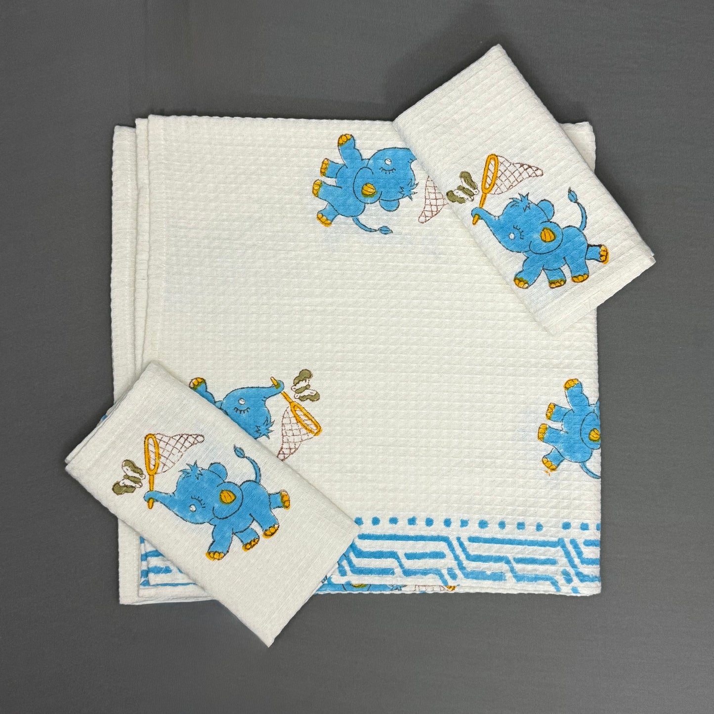 Butterfly Chase Elephant Towel Set – Blue & White Cotton | Jaipur Van Phool Collection 2025