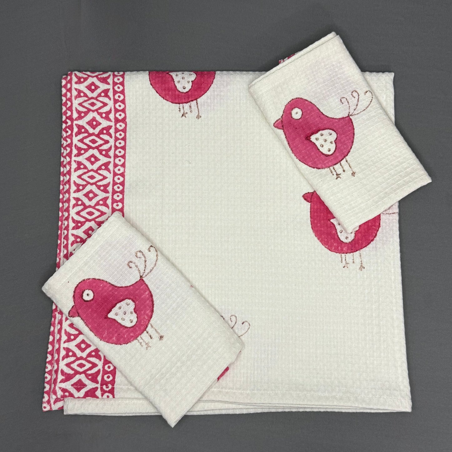 Gulmor Chirp Towel Set – Hand Block Bird Print | Jaipur Van Phool Collection 2025