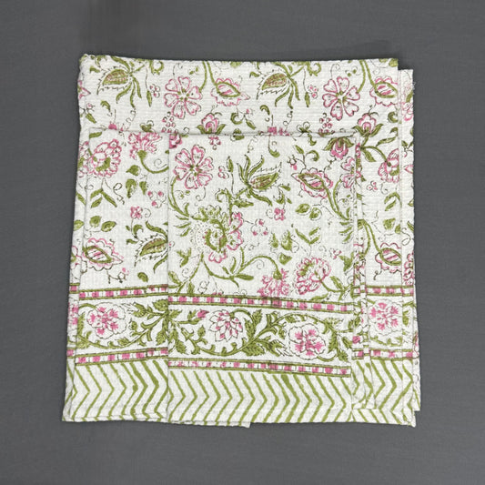 Bagh-e-Gul Towel Set – Pink & Olive Hand Block Floral | Jaipur Van Phool Collection 2025