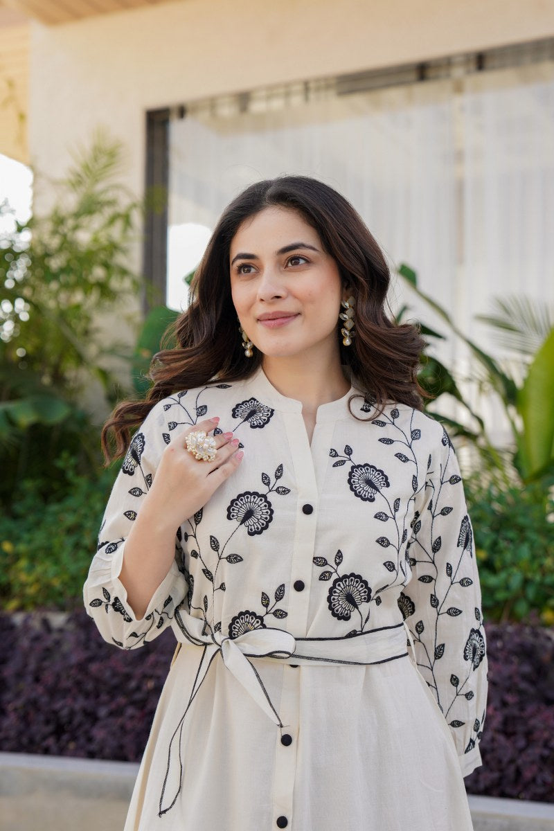 Elegant Black & White Embroidered Dress Midi Style with belted waist