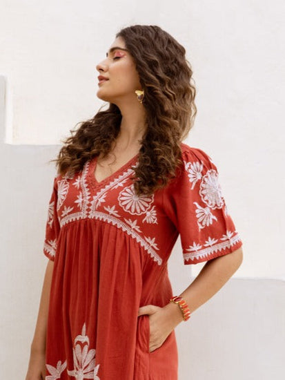 Brick Red Cotton Embroidered Midi Dress – Boho Floral V-Neck Flowy Summer Style Dress