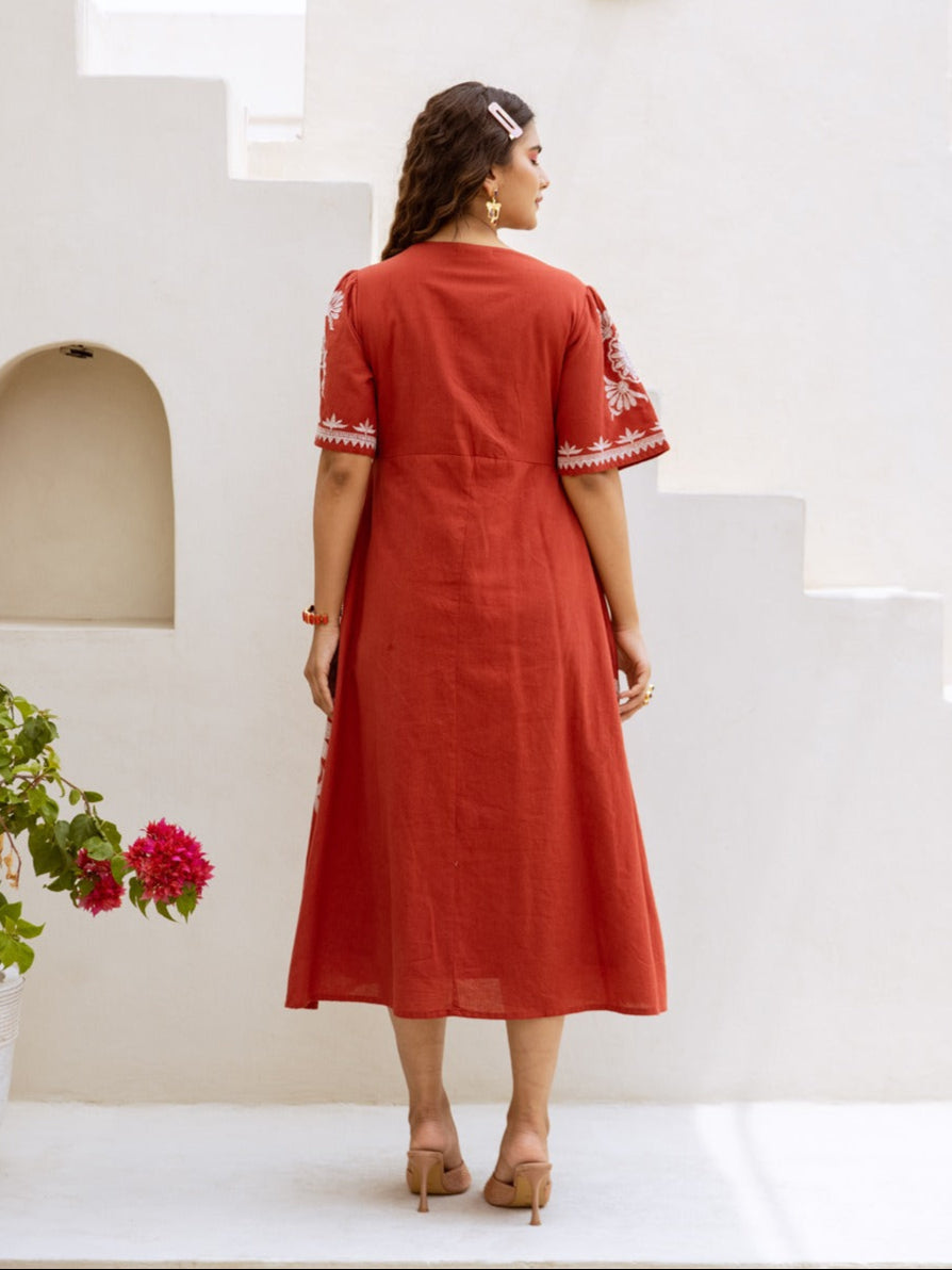 Brick Red Cotton Embroidered Midi Dress – Boho Floral V-Neck Flowy Summer Style Dress