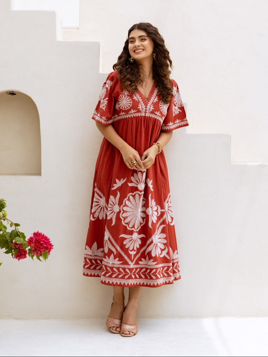Brick Red Cotton Embroidered Midi Dress – Boho Floral V-Neck Flowy Summer Style Dress