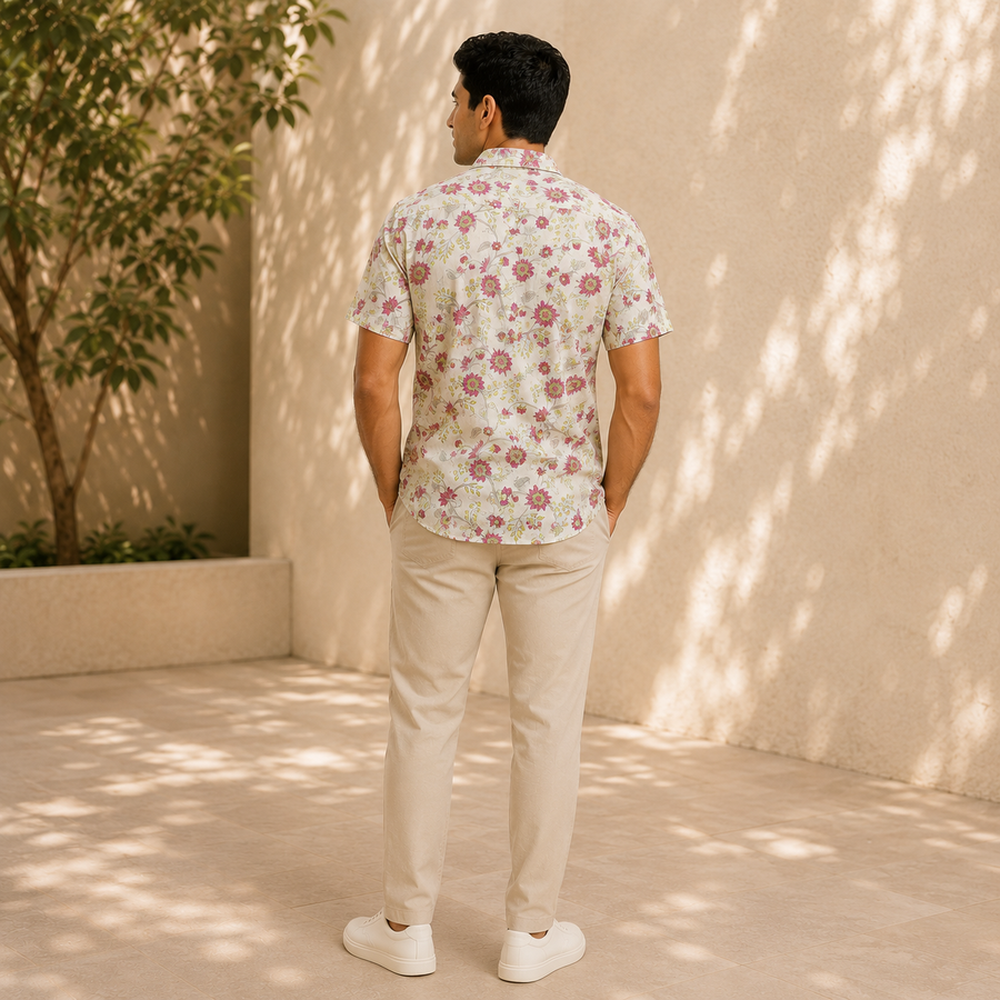 Hand Block Printed Cream & Pink Floral Cotton Shirt for Men | Handcrafted Casual and Vacation Wear Shirt