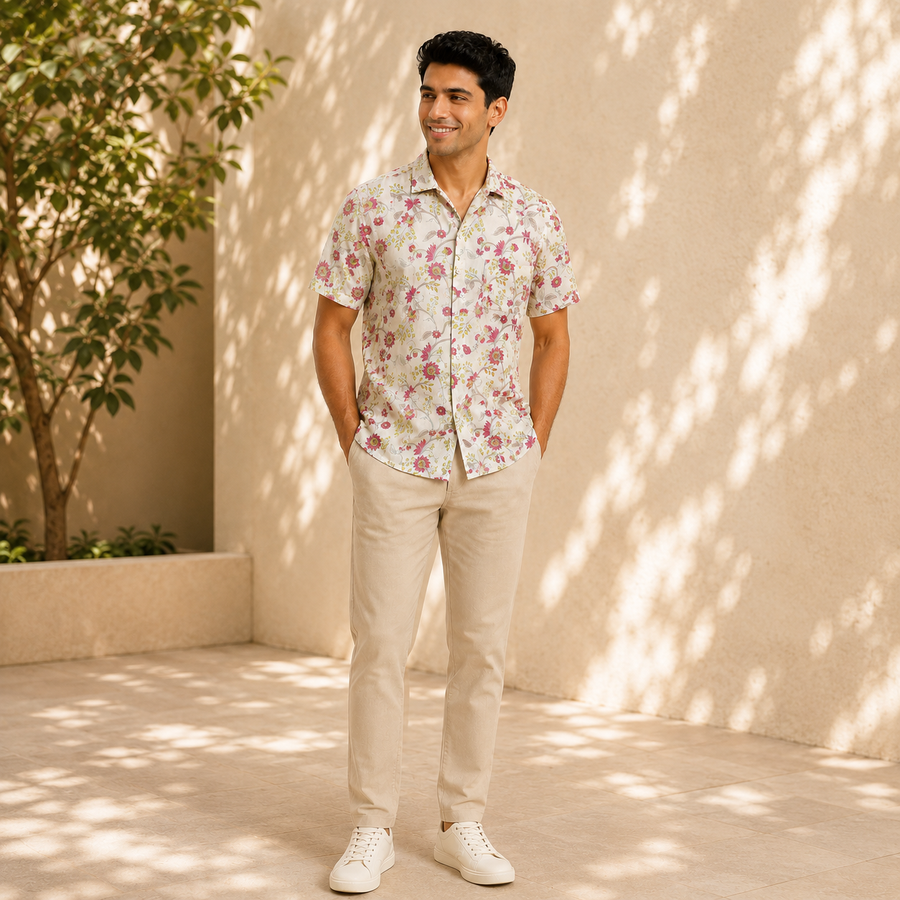 Hand Block Printed Cream & Pink Floral Cotton Shirt for Men | Handcrafted Casual and Vacation Wear Shirt